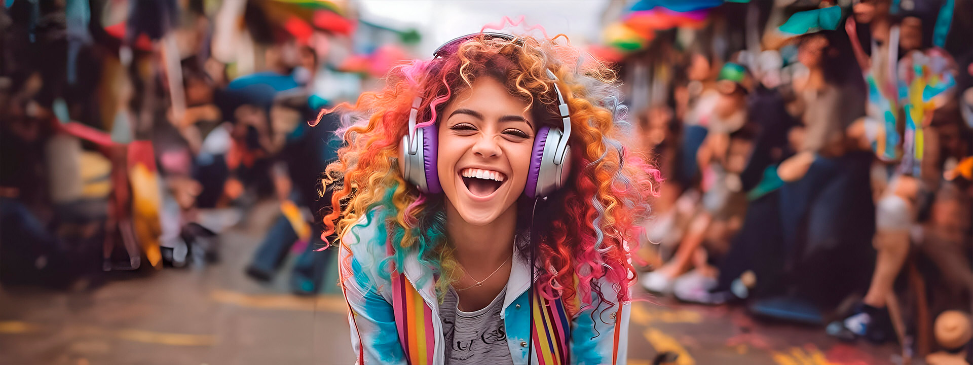 Colorful girl listeting to music