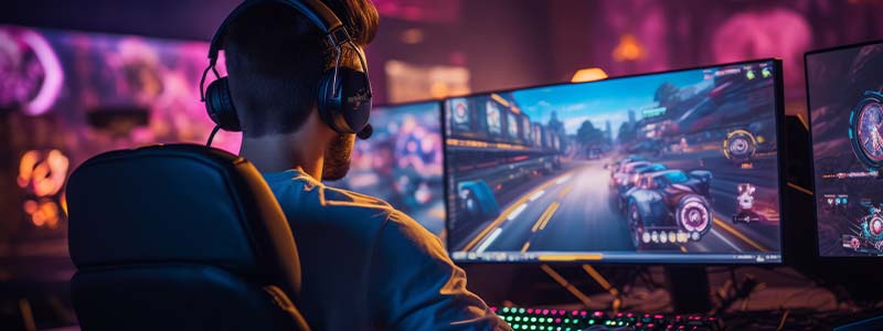 Hombre joven jugando juegos en computadora con auriculares