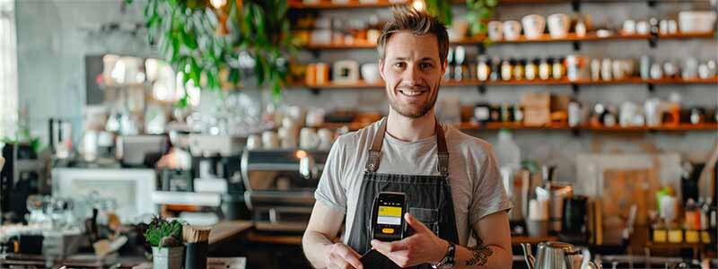 Hombre con posnet en mano en una tienda