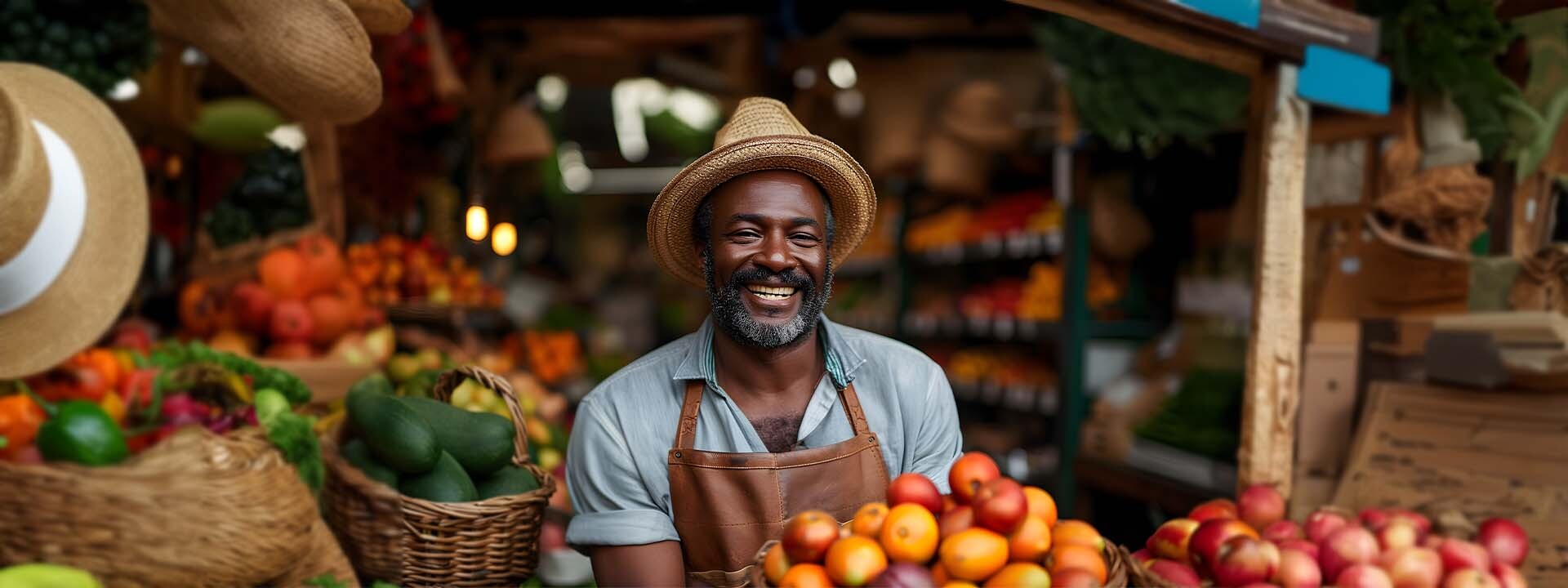 Hombre con delantal en un mercado de frutas