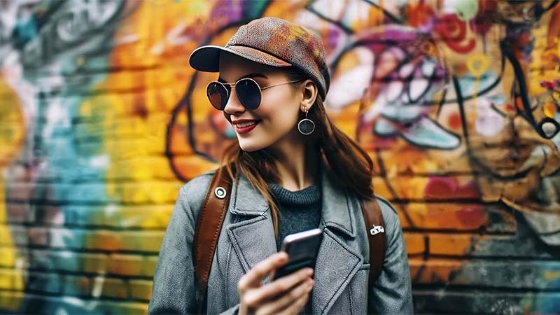 Mujer sonriendo mientras usa su teléfono al aire libre