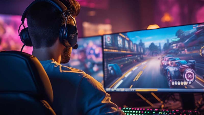 Hombre joven jugando juegos en computadora con auriculares