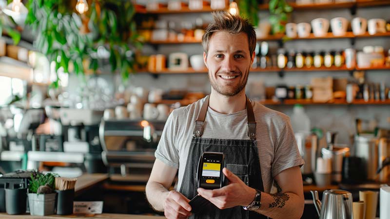 Hombre con posnet en mano en una tienda