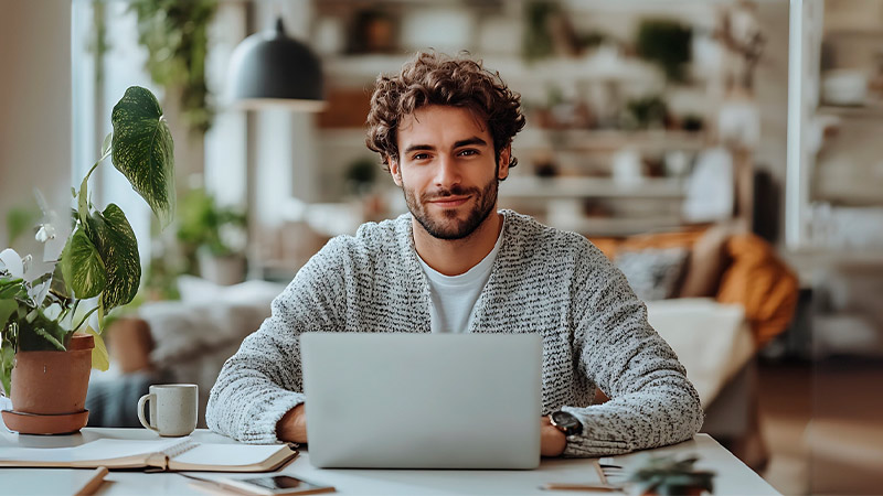 Hombre sonriente usando su notebook en un espacio coworking